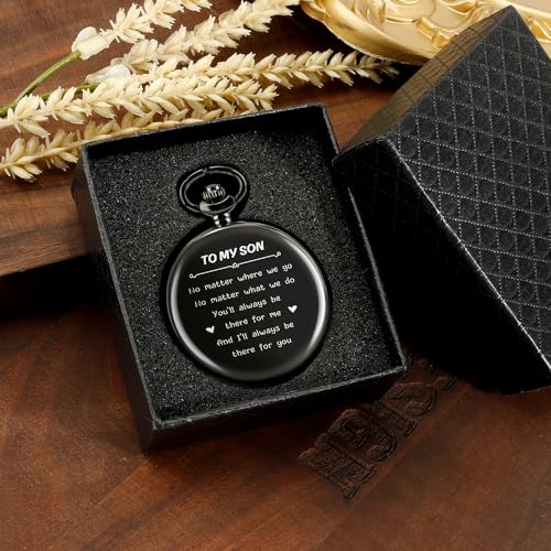Image of Vintage Engraved Pocket Watch with Chain Fathers Day Birthday Graduation Xmas Valentines Day Gifts for Son Adult