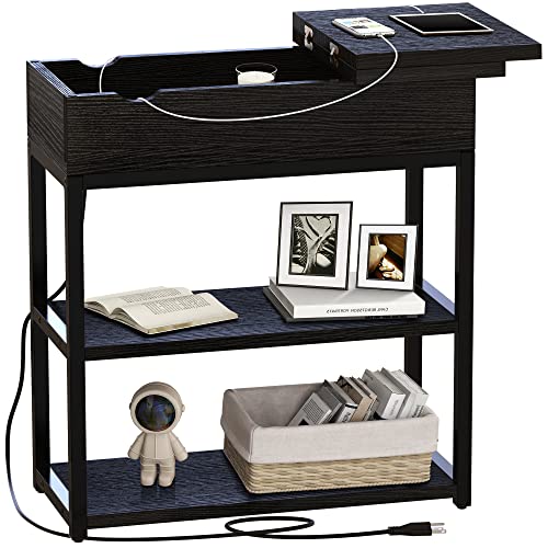 FABATO Mesa auxiliar con estación de carga, mesitas de noche con estantes de almacenamiento, tapa abatible y puertos USB, mesa auxiliar estrecha para sofá para espacios pequeños con marco de metal,