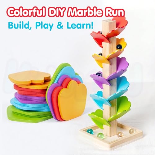 Image of Kidology Wooden Music Tree Toy for Kids, Rainbow Musical Tree Kit Gifts, Wooden Marble Ball Run Track Montessori Educational Learning Toys for Kids 3+