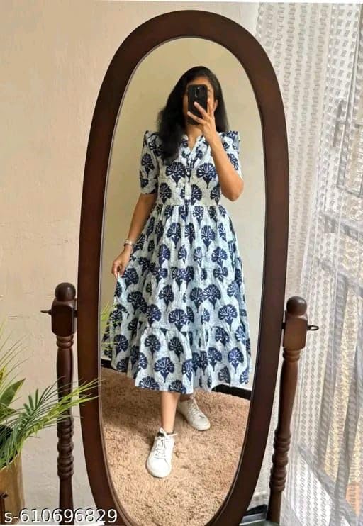 Image of Women's Rayon A-Line Midi Dress, Floral Print, Short Sleeves, Round Neck, Tiered Design