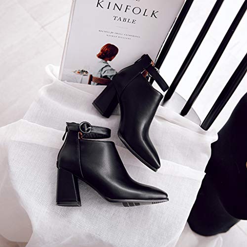MIOKE Women's Pointed Toe Dress Ankle Boots Buckle Zipper Chelsea Booties Chunky High Block Heel Short Boot2