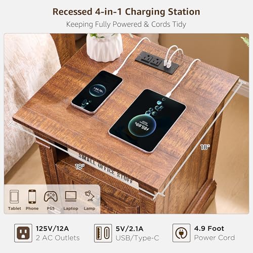 Image of Nightstand Set of 2, 18 inchWooden End Table with Charging Station Roman Column