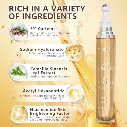 Soulight 5% Caffeine Eye Serum – Wrinkle Filler Instant Face Lift Serum for Eyes – Eye Cream Anti Aging Reduces Dark Circles, Puffiness – Eye Moisturizer with Hyaluronic Acid, Niacinamide
