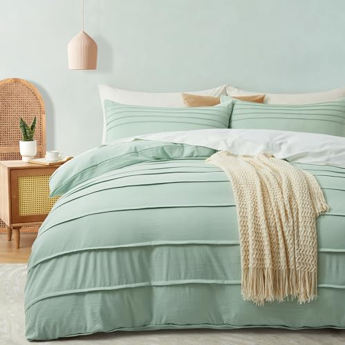 Oli Anderson White Duvet Cover Queen Size - Pleated Queen Duvet Cover, 3PCS Soft and Breathable Textured Bedding Set with Zipper Closure(White,90"x90")