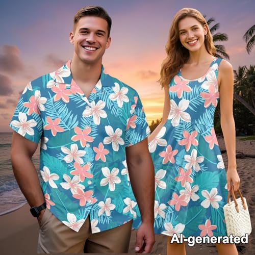 Image of Hawaii Matching Couple Outfits Husband and Wife Clothing Fashionable Mens Casual Shirts Hawaii Dress with Soft Fabric