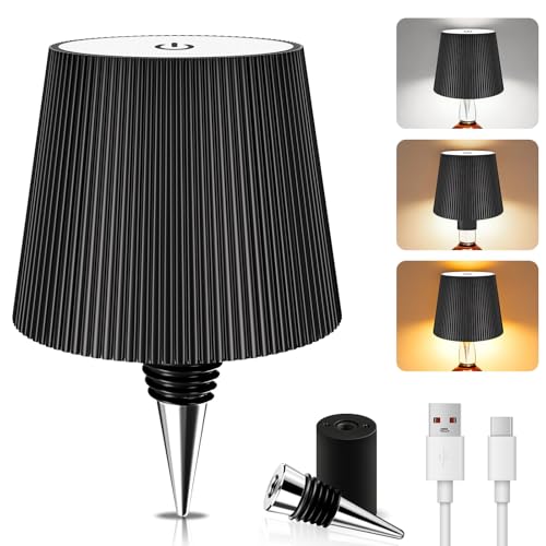 Flaschenlampe Aufsatz Led Aufladbar 5200 mAh Lampenschirm für Flaschen mit Touch-Funktion 3 Farbtemperaturen Lampe Flaschenaufsatz Led-Flaschenlicht für Restaurant Bar Schlafzimmer (Schwarz)