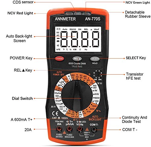 Annmeter Digital Multimeter, Auto-Ranging 6000 Counts Trms Dc&Ac Vlotmeter Ohm Amp Resistance Capacitor Meter, Measures Frequency Duty Cycle Temp Transistor Hef An-770S #TOP1