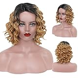 Kurze schwarze Perücke mit blondem Farbverlauf für Frauen,gewelltes synthetisches kurzes Haar,tiefer Seitenscheitel und synthetische hitzebeständige Perücke,Festival,Feiertage,Sommer,Cosplay-Perücke,