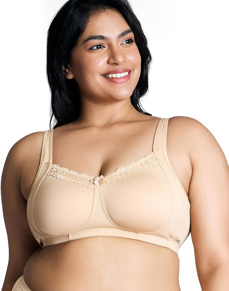 NYKD (NYB190 Cotton Non Padded & Non Wired Everyday Lace Bra for Women | Full Coverage Bra with Super Soft Wide & Thick Straps - Nude