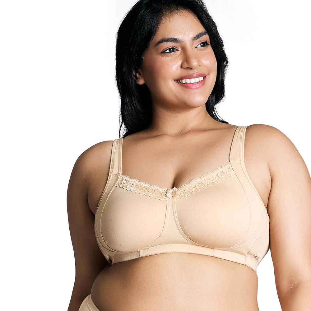 NYKD Super Support Everyday Cotton T-Shirt Push-Up Bra for Women Non Padded, Wirefree, Full Coverage (Everyday Pretty Lace Bra) Bra, NYB190, Sand, 32DD, 1N