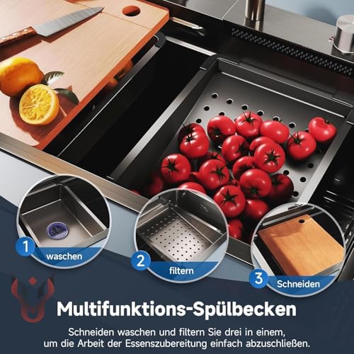Image of Kitchen Sink 304 Grade Anti Scratch Design With Integrated Waterfall And Pull-down Faucet Set and All Accessories All In One Stainless Steel Sink For Kitchen (All In One (30X18X9))