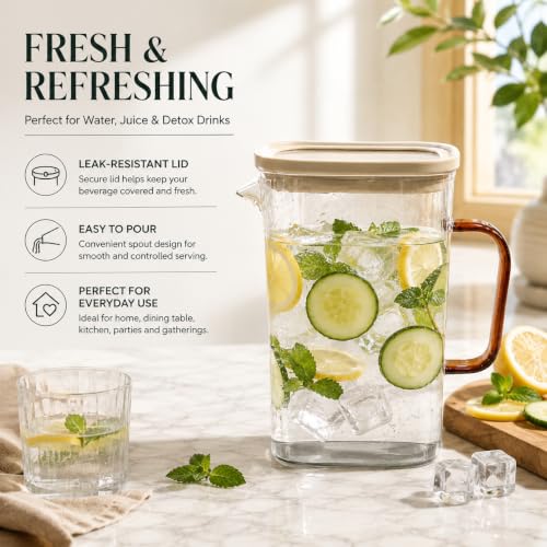 Image of WRINGO 1500ML Square Water Jug with Lid, Glass Juice Pitcher for Refrigerator, Kitchen & Dining, Serving Jug for Water, Juice & Beverages, Pack of 1