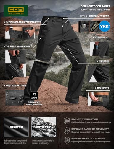 Image of CQR Men's Convertible Cargo Tactical Pants, Water Resistant Outdoor Hiking Pants, Zip Off Lightweight Stretch Work Pants