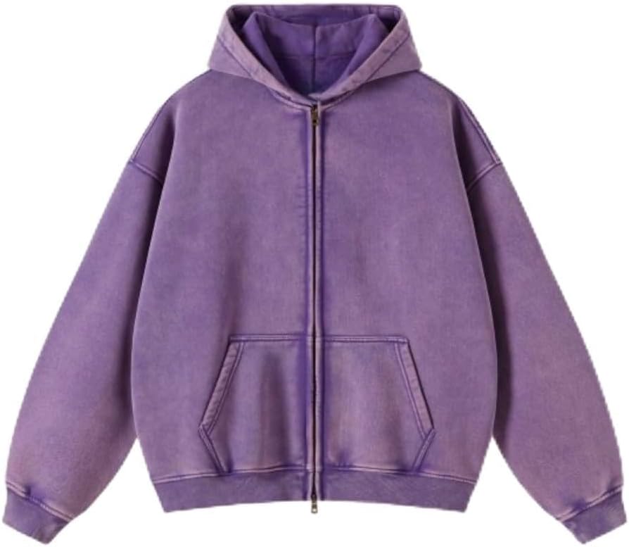 JP Mens Womens Oversized Double Zip Up Hoodie – Heavyweight Fleece Cotton Acid Wash Vintage Zip Hoodie