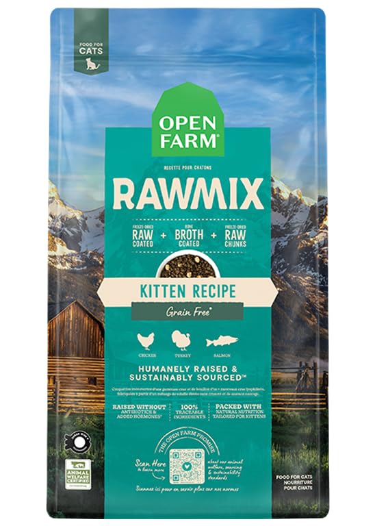 Open FarmRawMix Dry Cat Food, Protein-Packed Kibble Coated in Bone Broth with Freeze Dried Raw Chunks, Formulated for Kittens, Chicken with Turkey & Wild-Caugh Salmon Recipe for Kittens, 8lb Bag