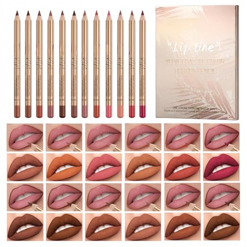 SinceReal 12 PCS Nude Lip Liner Gloss Set, Matte Lip Liner Stain, Smooth & Long-Lasting Lipstick Glosses Pencil Lipliner for Women