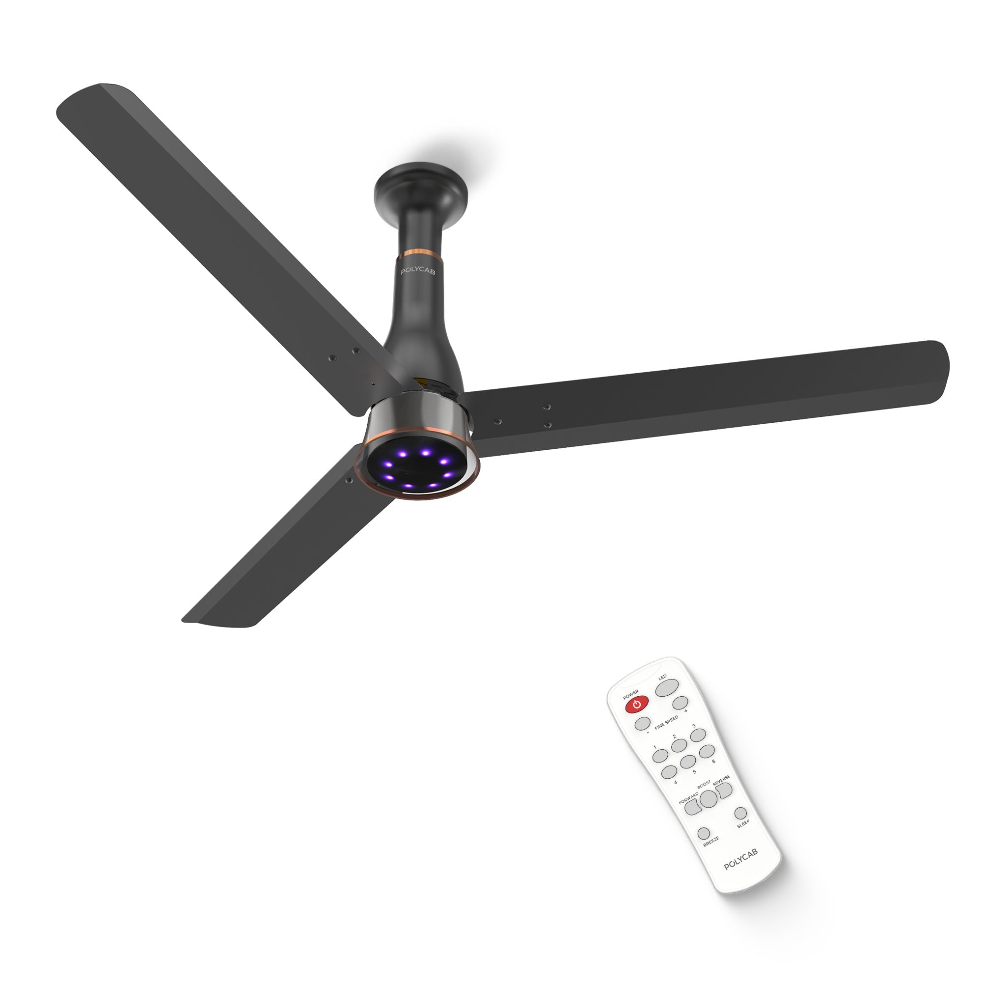 Polycab Wizzy Prime 1200mm BLDC Ceiling Fan with remote |BEE 5 Star Rated, Higher Air Delivery|LED Indicator,Reverse,Boost,Sleep and Breeze Mode |3 Years Warranty,Free Installation 【Matt Black】