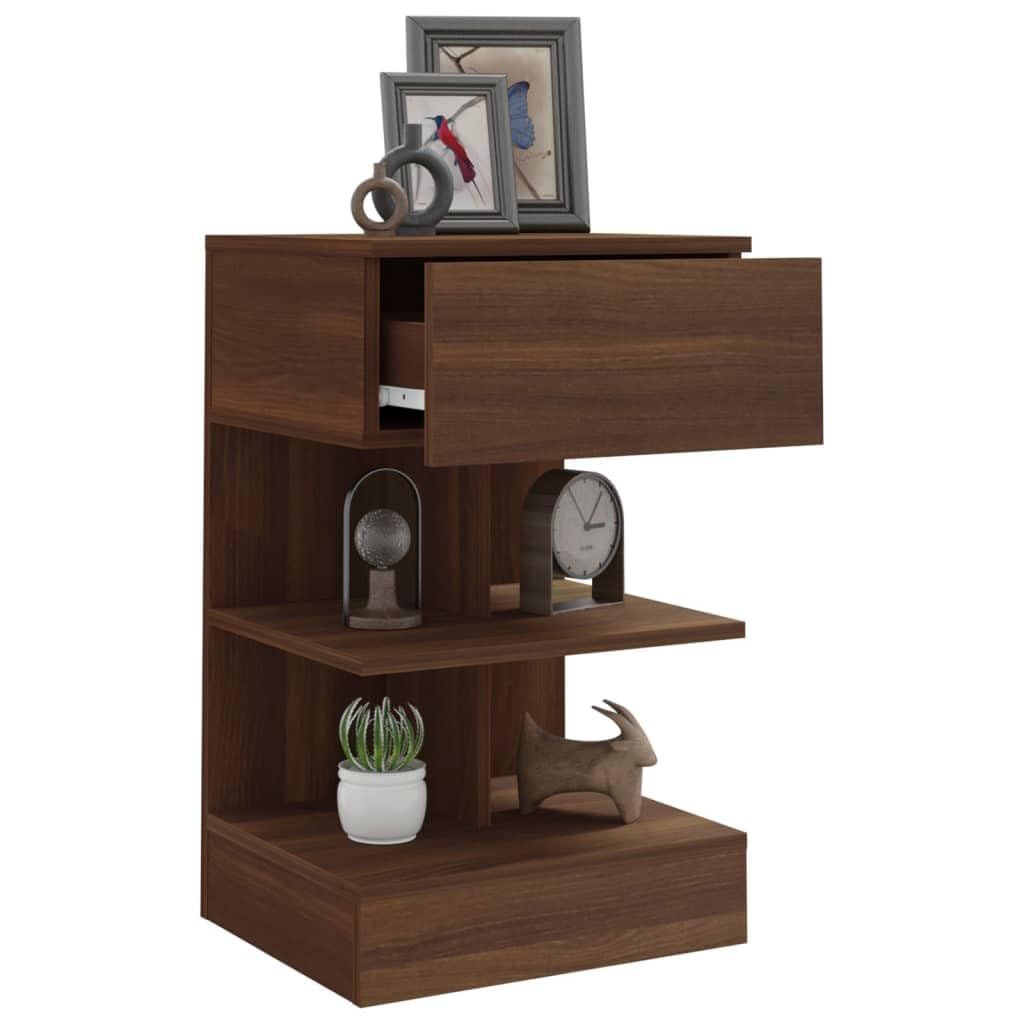 Mesita de noche, marrón, aspecto roble, 40 x 35 x 65 cm, material a base de madera con soporte de pared, espacio de almacenamiento y tablero resistente para armario auxiliar o mesa auxiliar