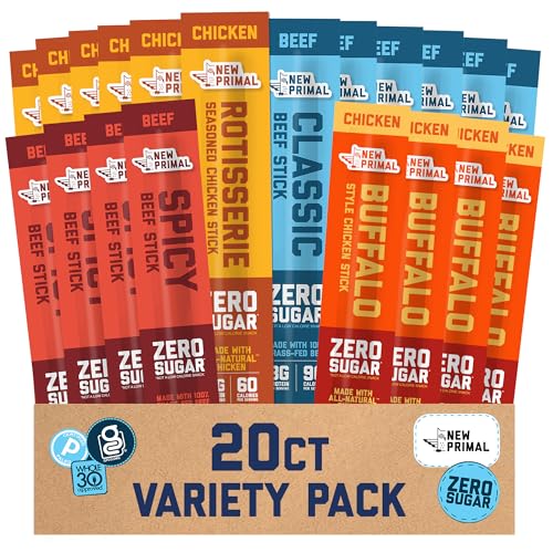 New Primal Meat Sticks Sampler, Grass Fed Beef, All Natural Chicken, Keto, Gluten Free Healthy Snacks for Adults, Sugar Free Low Carb High Protein Snack, Jerky Gift Basket, Paleo Whole30, Variety Pack, 20 Count