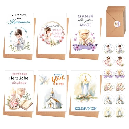 Kuvarix 12 Kommunionkarten Set Mit Umschlägen Und Aufklebern Glückwunschkarten Zur Erstkommunion Hochwertige Klappkarten Für Jungen Und Mädchen Perfekt Als Andenken Und Geschenk