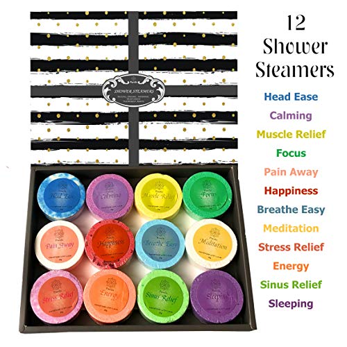 Purelis Shower Steamer Gift Box. Set of 12 Aromatherapy Shower and Bath Bombs Individually Wrapped. Organic Shower Steamer Tablets and Essential Oil Shower Steamers for Spa Gift Set