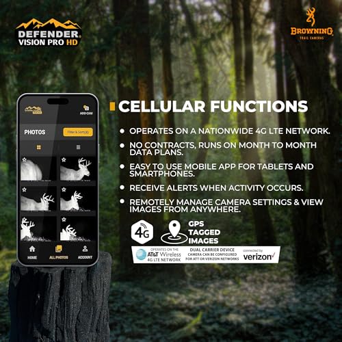 Browning Cellular Trail Camera Defender Vision Pro HD 24MP Trail Cam OVIX Camo Pattern Dual SIM Hunting Game Trail Camera, 110\' Night Detection Range & Smartphone Cpompatible Camera