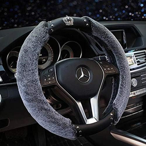 Queen's Car Steering Wheel Cover with Noble Crown + Bling Diamond Auto Stylish Elegant Collection Accessories Universal 15"/38cm (Premium Plush Gray)