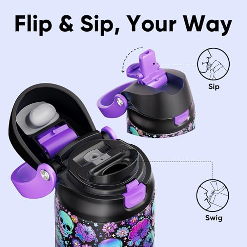 Image of Encool SwiftSip Insulated Stainless Steel Water Bottle with Straw - Leak Proof Sports Water Bottle for School, Travel, Keeps Cold All Day, One-Touch Flip Lid, BPA-Free, 24 oz, Floral Afterlife
