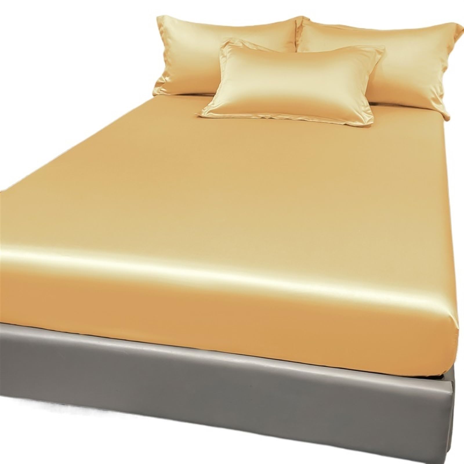 Fitted Sheet 1Pc Satin Solid Color Fitted Sheet, Ice Silk Bedspread For Bedroom, Bedding (Excluding Pillowcases)(Beige,153x203cm)