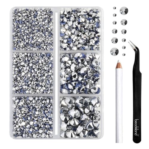 Image of BEADSLAND Hotfix Rhinestones, 4000 PCS Silver Rhinestones for Clothes Crafts Mixed 6 Sizes with Wax Pencil and Tweezers Kit, SS6-SS30, Silver Hematite