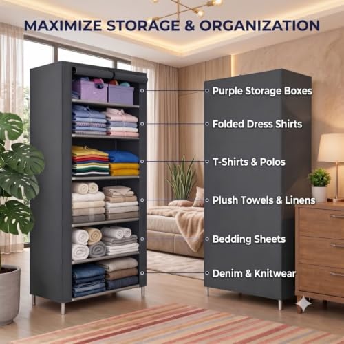Image of Ulif Multipurpose 𝗖𝗼𝗹𝗹𝗮𝗽𝘀𝗶𝗯𝗹𝗲 𝗪𝗮𝗿𝗱𝗿𝗼𝗯𝗲 Cabinet | 𝗙𝗼𝗹𝗱𝗮𝗯𝗹𝗲Fabric Organizer with 𝟲 𝗦𝗵𝗲𝗹𝘃𝗲𝘀 | Portable Clothes 𝗦𝘁𝗼𝗿𝗮𝗴𝗲 𝗥𝗮𝗰𝗸 for Bedroom (GREY)
