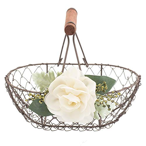 Rustic Flower Girl Basket - Country Metal Wedding Basket w/Wood