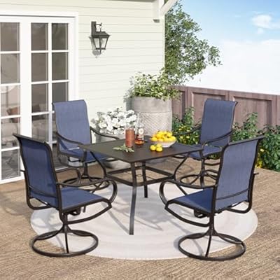 PHI VILLA 5 PCS Outdoor Patio Dining Set with Swivel Dining Chairs (Blue) and 37"x 37" Metal Steel Dining Table(1.57" Umbrella Hole), All Weather Patio Dining Furniture Set for Deck Lawn Garden