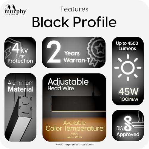 Image of Murphy Black 4ft LED Hanging Profile Pendant Light, 45W Warm White, 2-Year Warranty, Aluminium Body, Adjustable Wire - Linear Ceiling Light for Office, Home & Commercial - Pack of 1