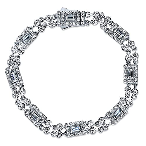 BERRICLE Sterling Silver Vintage Inspired Art Deco Cubic Zirconia CZ Chain Bracelet for Women, Rhodium Plated