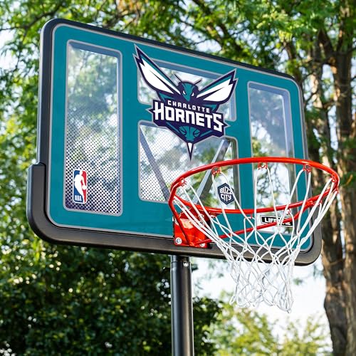 Image of Lifetime NBA Charlotte Hornets Portable Basketball Hoop, Adjustable Height 7.5-10 Ft, 44 Inch Shatterproof Fusion Backboard, Base with Wheels