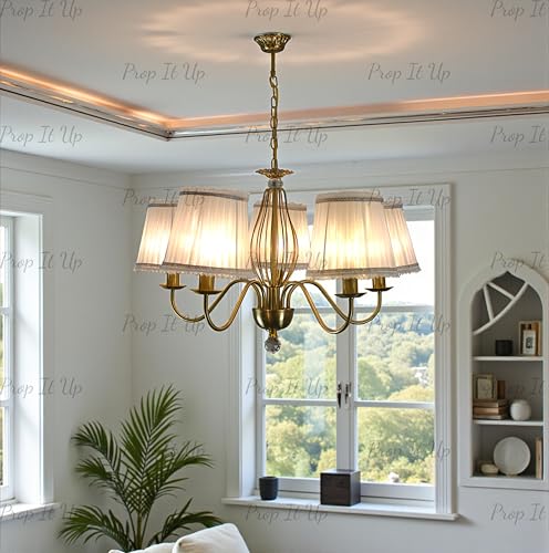 Image of Prop It Up 5-Light Chandelier with White Fabric Shades for Home, Gold Finish jhoomer for Hall, E27 Base, 72x78 cm, Crystal Accent, Bulb not Included