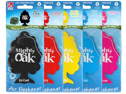 Mighty Oak Air Freshener Mixed Fragrance 5 Pack (New Car Ice Cool Vanilla Cherry & Bubblegum) Long Lasting Hanging Car Deodoriser Odour Eliminator UK Made Auto Accessories Car Scent Fresh