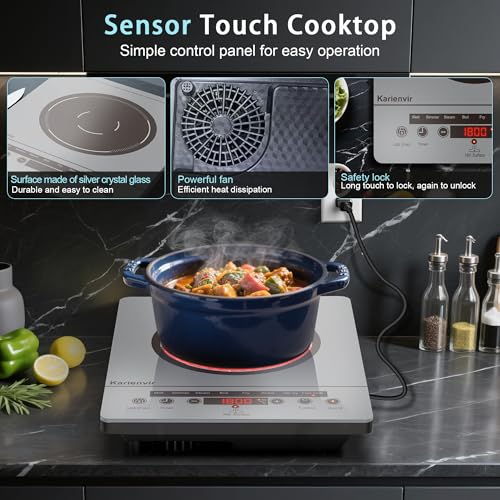 Image of Single Burner Electric Cooktop, Portable Electric Stove 110v with plug, Touch Control, Safety Lock, Timer, Kitchen Cooking Cooktop With 9 Power Levels, 1800W, Grey