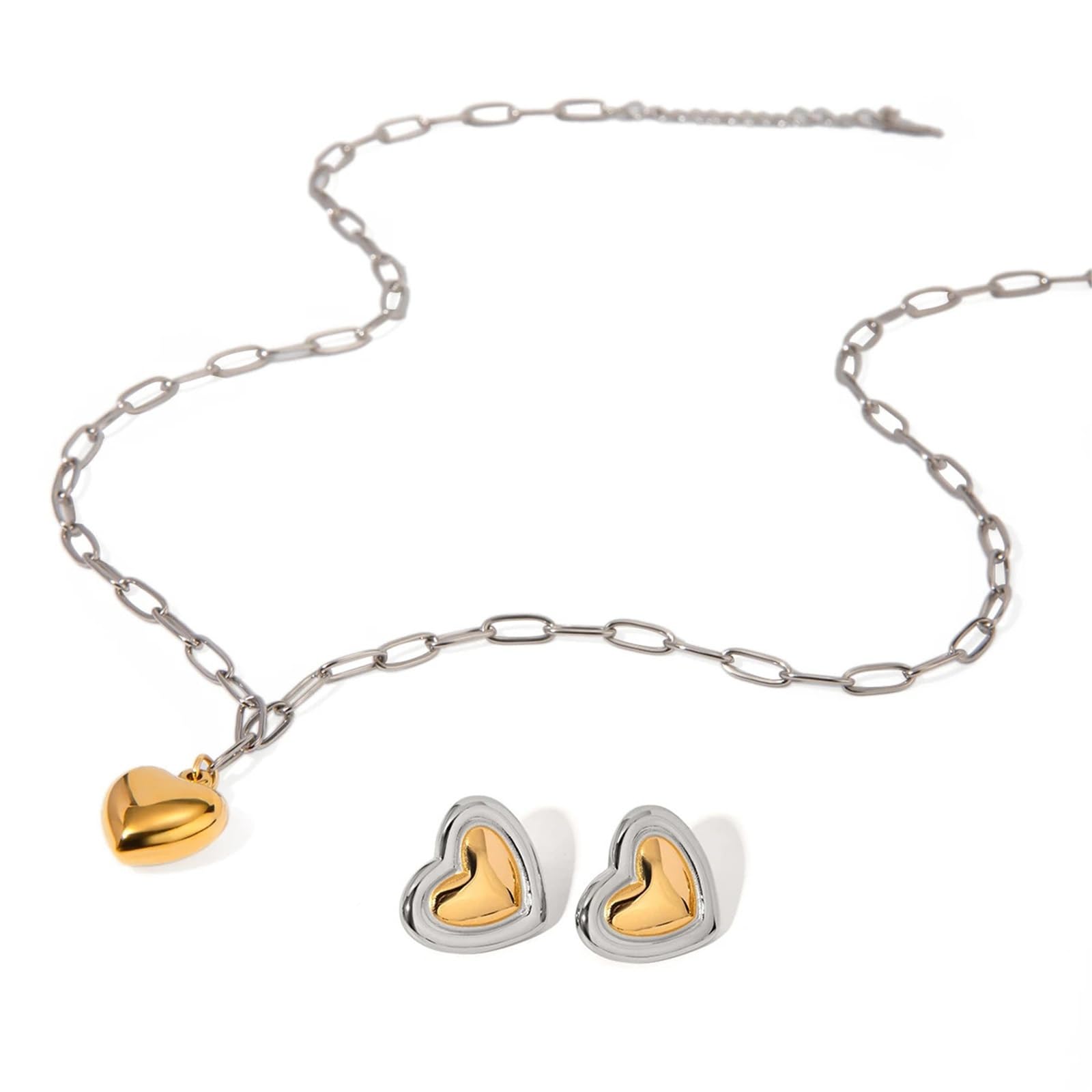 Ensemble collier et boucles d'oreilles cœur en acier inoxydable doré