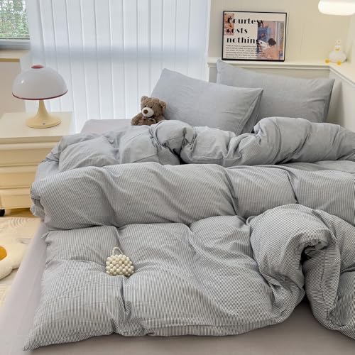 Image of mixinni Grey Striped Duvet Cover Queen Size - 100% Washed Cotton Pinstripe Comforter Cover with Zipper Closure, Lightweight & Breathable, 3 Pieces Minimalist Stripes Pattern Printed Bedding Set