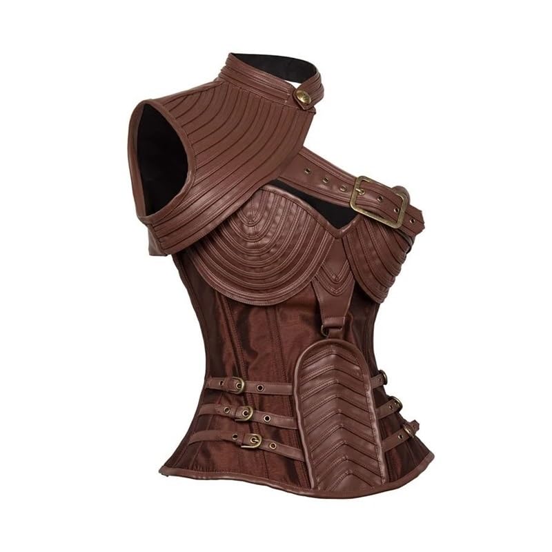 Brązowy gorset vintage gotycki w stylu steampunk, kurtka w stylu burleski, pancerz na ramionach, bolerko overbust, gorset ze stalowymi fiszbinami