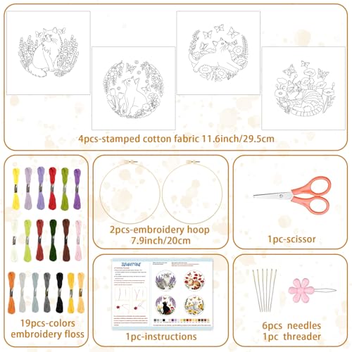 Image of BEUNITONE 4 Set Embroidery Kit for Beginners, Cat and Butterfly Pre-Stamped Pattern Needlepoint Kits for Adults with Hoop and Instruction, Cute Hand Embroidery Patterns for Cloth and Home Decor