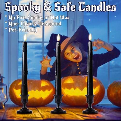 Image of Stmarry Black Flameless Taper Candles with Remote and Timer - 9.65 Inch Real Wax LED Candlesticks - Wax Drip Battery Operated Halloween Taper Candles with 3D Flickering Flame Halloween Decor, 3 Pack