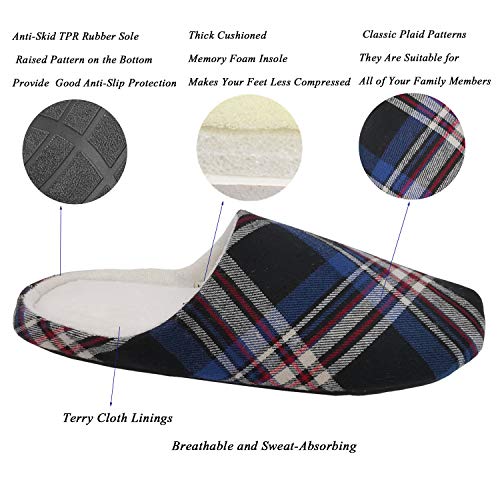 ofoot Mens & Womens Cotton Memory Foam House Slippers Bedroom Slip On Shoes Tartan Plaid Retro Style Anti Skid Rubber Outsole2