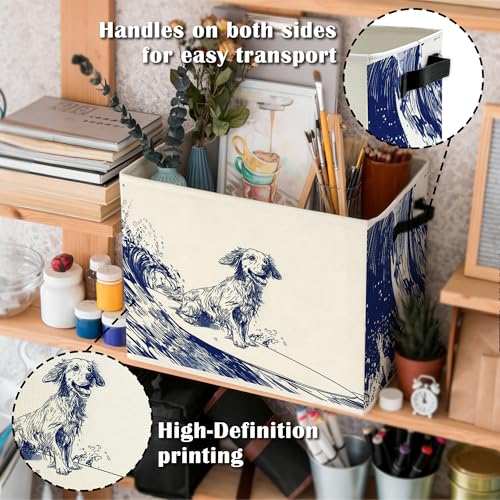Image of Navy Blue Coastal Dog Storage Bins Box with Handles, Dog Lovers Gifts for Women Men, Nautical Surfing Dogs Collapsible Basket Organizer for Bedroom Bathroom Books Clothes