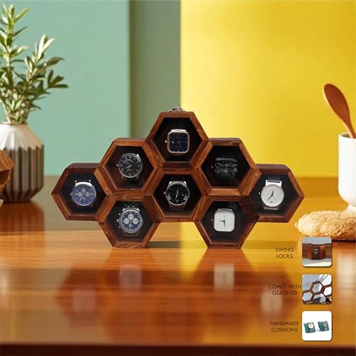 Image of Vintage Wooden Watch Box for Men, Timepiece Display Case, Honeycomb Watch Storage & Organizer, Jewlery Box for Women, Anniversary Gift For Husband (8 Compartments)