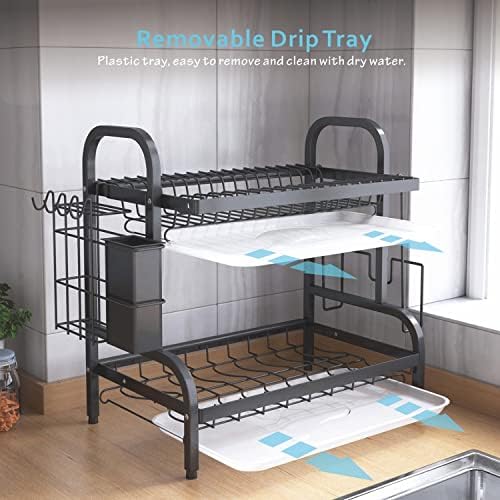 KZOPOGL Dish Drying Rack, drain board rack, Rust-Proof Dish Drainer with Utensil Holder, (Black