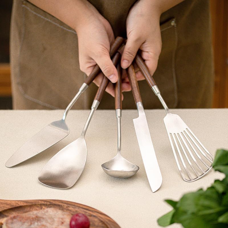 Silverware Set, 5/20/30/40 Pieces 304 Stainless Steel Walnut Spatula Cooking Spatula Kitchen Utensils Cooking Spoon Home Kitchen Spoon Set (Color : Silver, Size : 1Set-5Pcs)