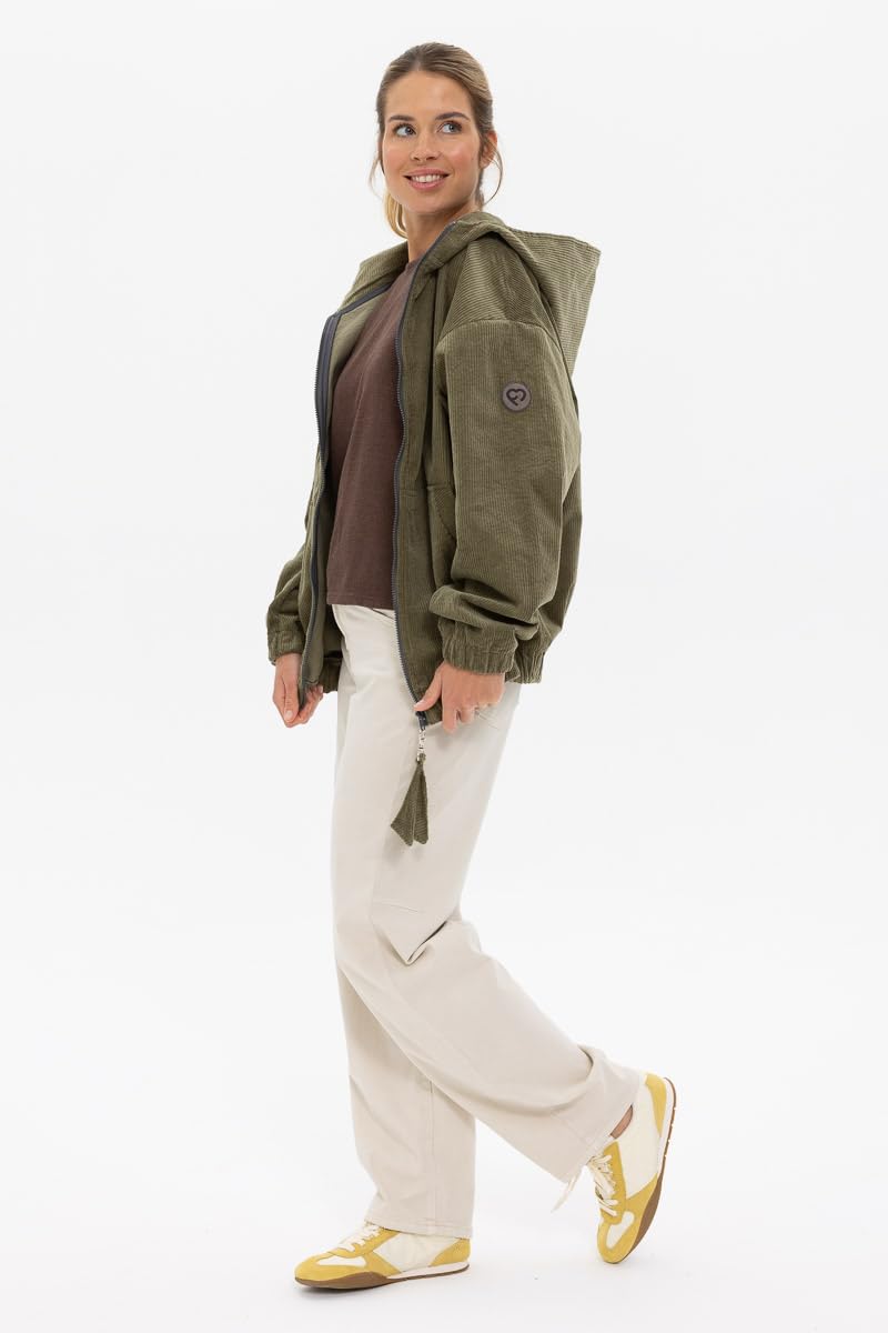 fun2bemum Cordjacke 3 in 1 Tragejacke Baby Umstandsjacke Oversize Herbstjacke für Mama mit Babytrage aus Baumwolle mit Einsatz (Groß, Olive)